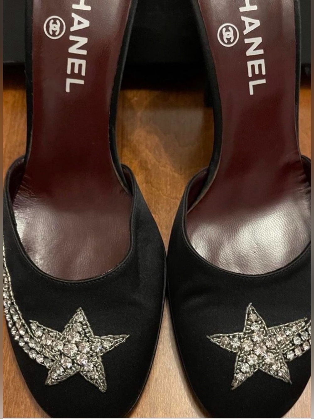 Vintage CHANELComette Black Satin Crystal-Embellished Heels Pumps shoes 39 1/2 - Picture 2 of 6